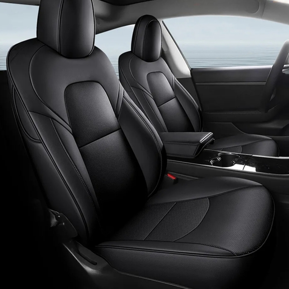 For Tesla Model 3 Car Leather Seat Covers Custom Fit Front+Rear 2017-2022 Black